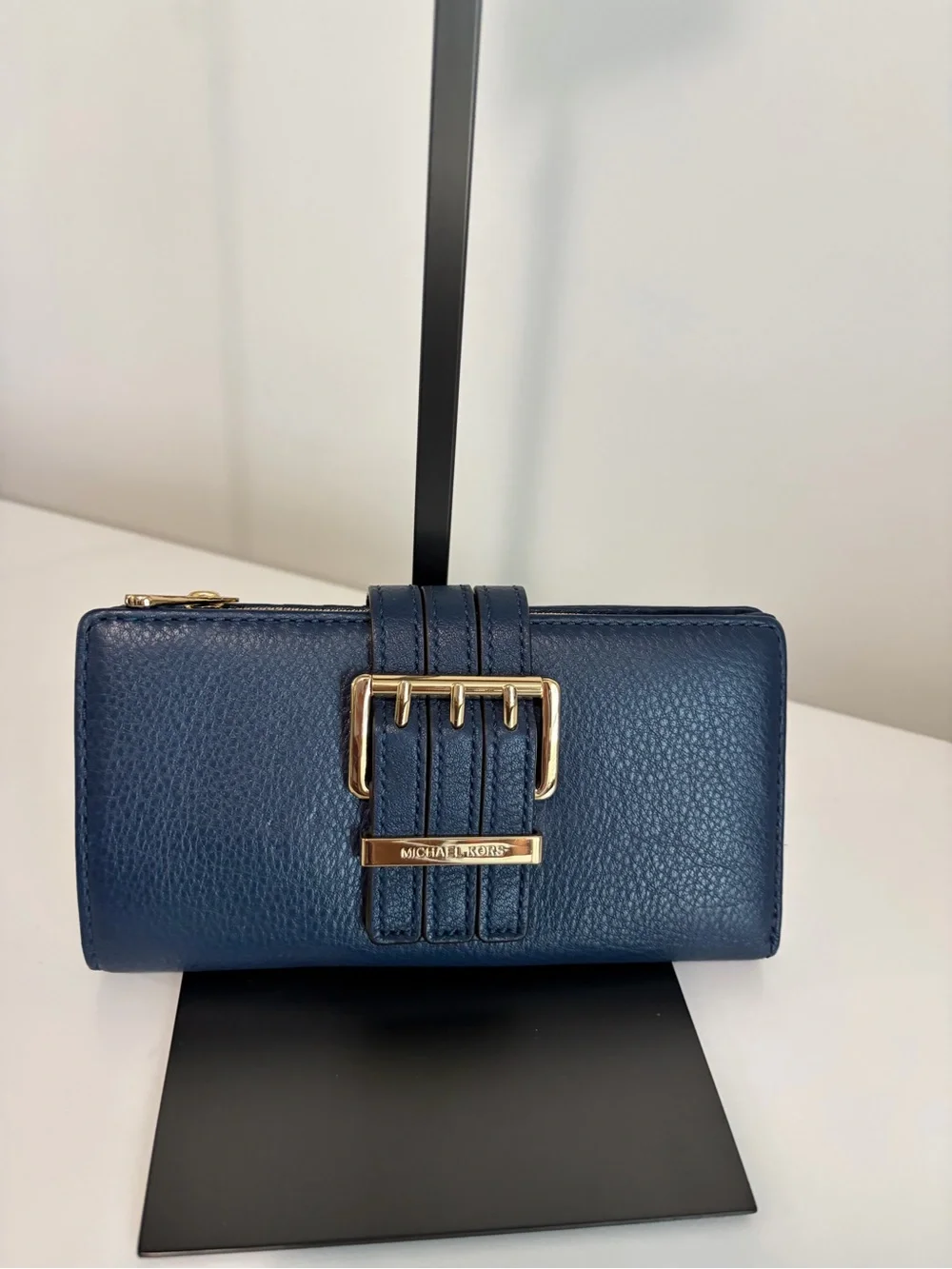Michael Kors Gansevoort Navy Pebbled Leather Wallet with Gold-Tone Buckle